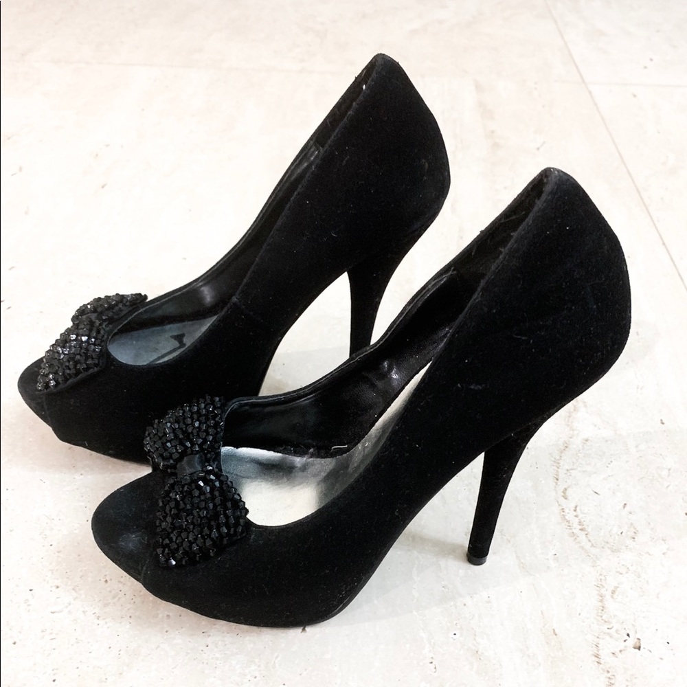 Black suede peep toe heels
